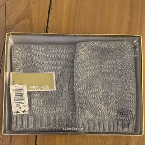 Michael Kors Silver Knit Scarf and Hat Set